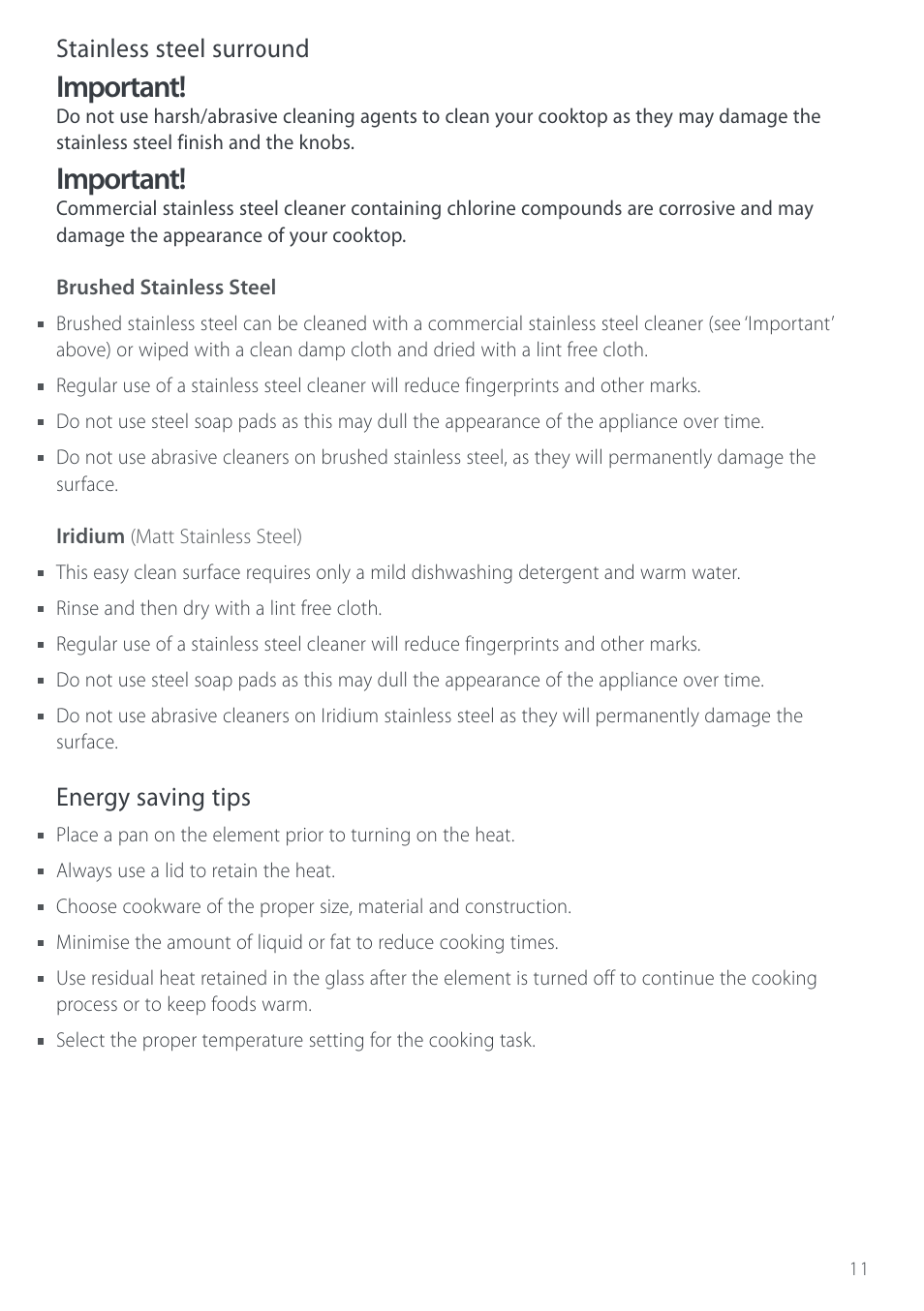 Important, Stainless steel surround, Energy saving tips | Fisher & Paykel CT280 User Manual | Page 13 / 20