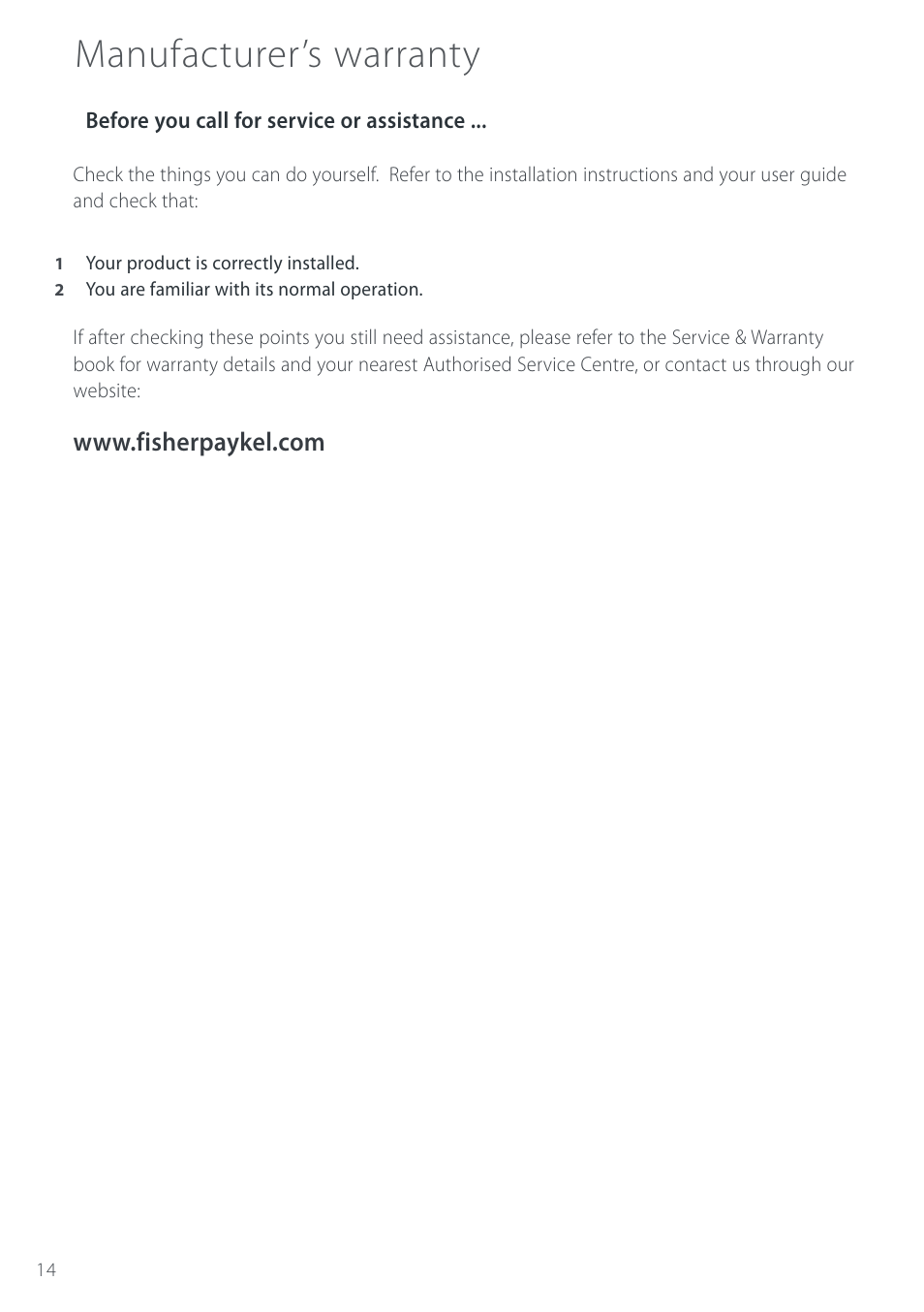 Manufacturer’s warranty | Fisher & Paykel CT280 User Manual | Page 16 / 20