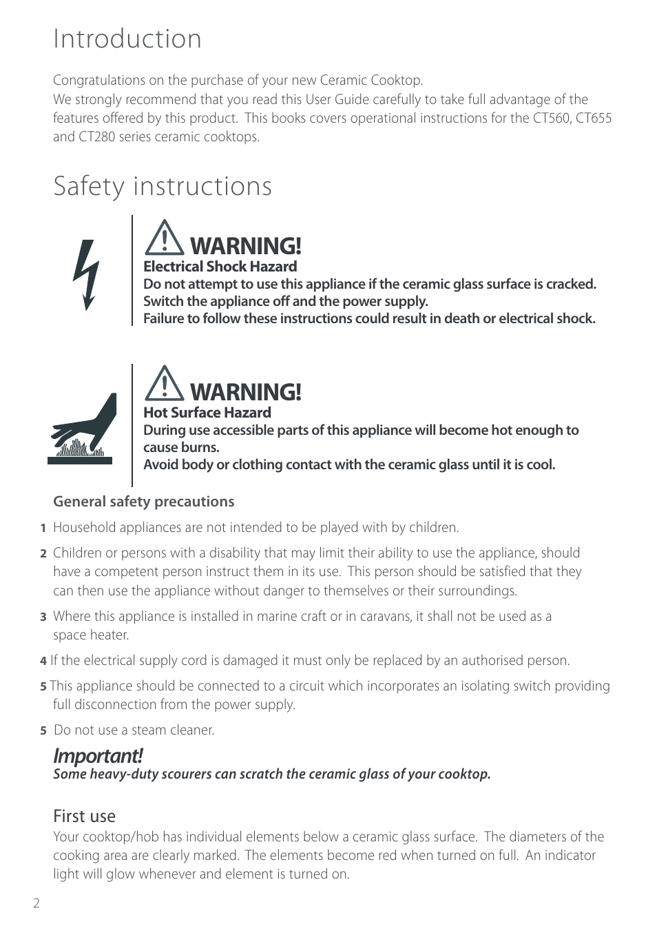 Introduction, Safety instructions, Warning | Important, First use | Fisher & Paykel CT280 User Manual | Page 4 / 20