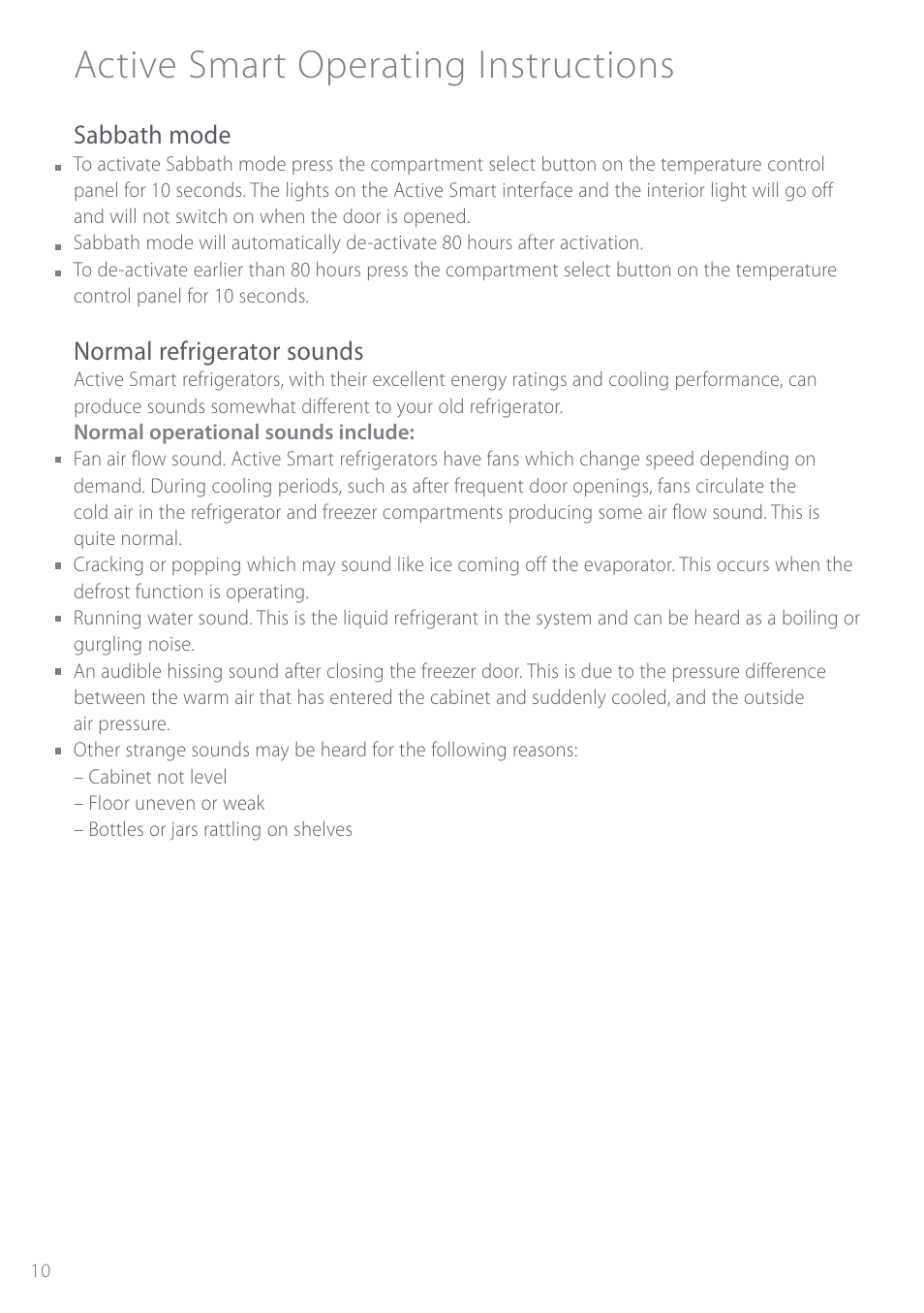 Active smart operating instructions, Sabbath mode, Normal refrigerator sounds | Fisher & Paykel ActiveSmart User Manual | Page 10 / 64