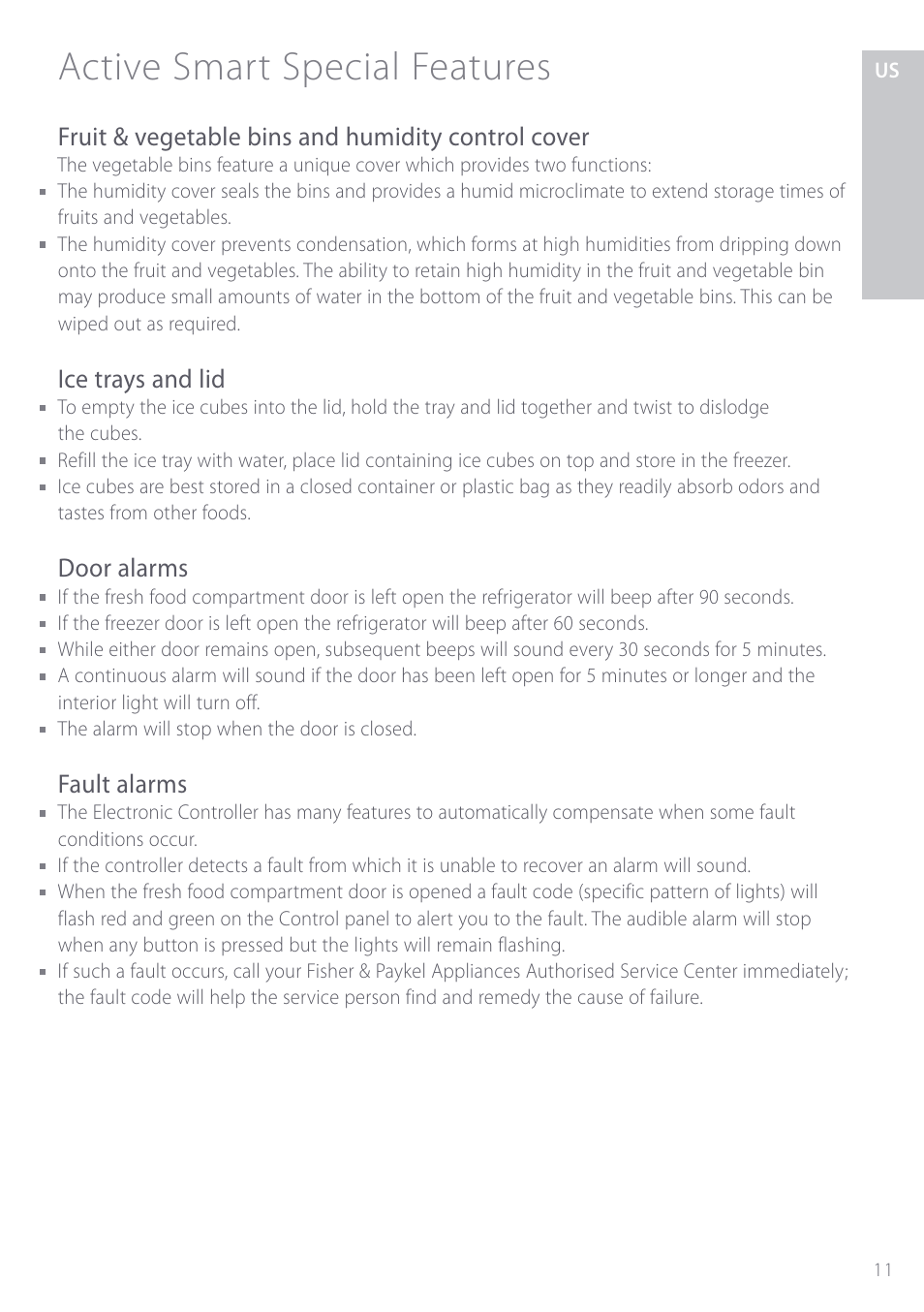 Active smart refrigerators special features, Active smart special features, Fruit & vegetable bins and humidity control cover | Ice trays and lid, Door alarms, Fault alarms | Fisher & Paykel ActiveSmart User Manual | Page 11 / 64