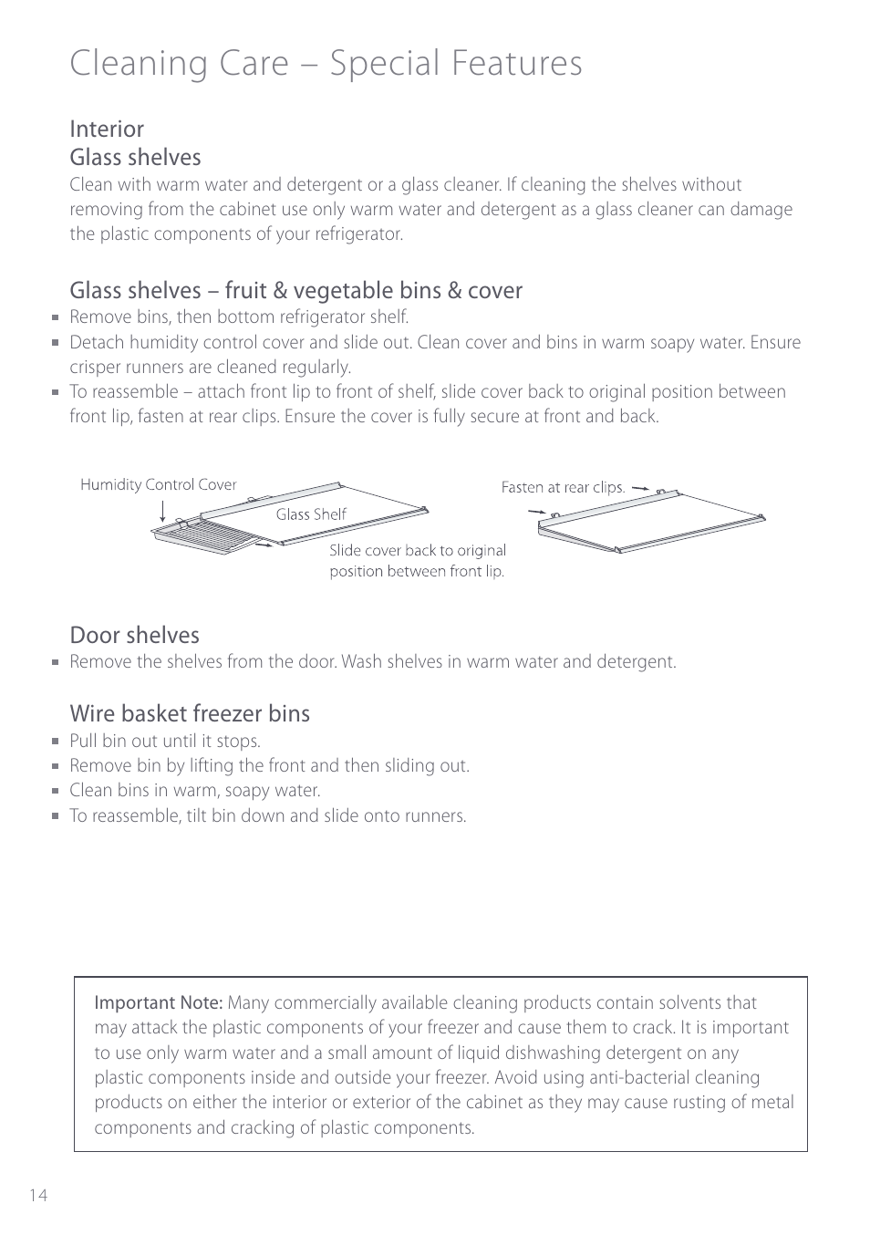 Cleaning care – special features, Interior glass shelves, Glass shelves – fruit & vegetable bins & cover | Door shelves, Wire basket freezer bins | Fisher & Paykel ActiveSmart User Manual | Page 14 / 64