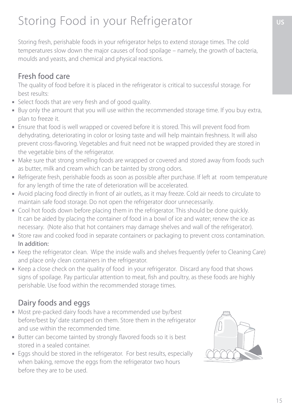 Storing food in your refrigerator, Fresh food care, Dairy foods and eggs | Fisher & Paykel ActiveSmart User Manual | Page 15 / 64