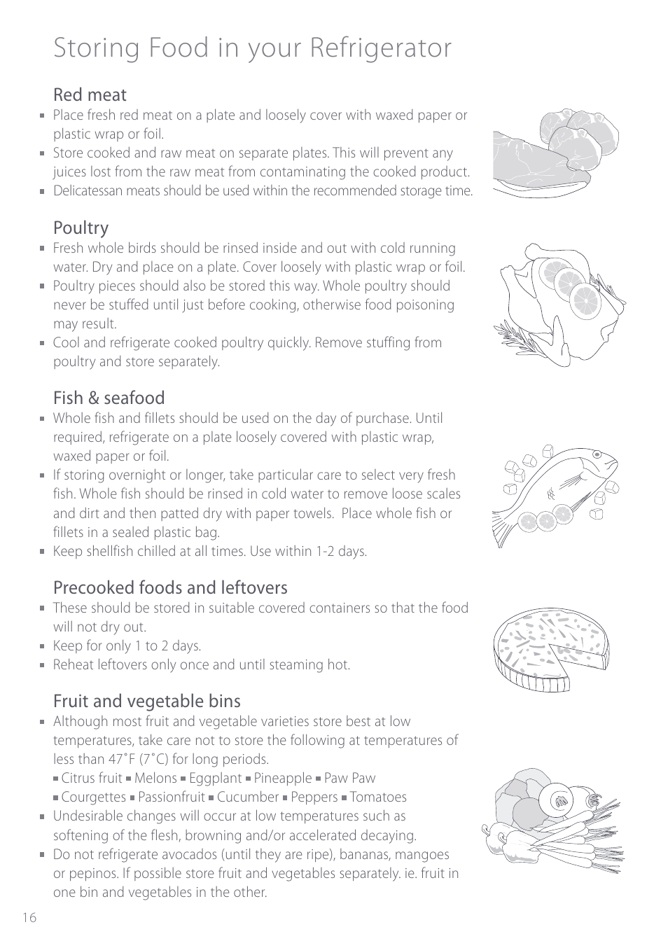 Storing food in your refrigerator, Red meat, Poultry | Fish & seafood, Precooked foods and leftovers, Fruit and vegetable bins | Fisher & Paykel ActiveSmart User Manual | Page 16 / 64