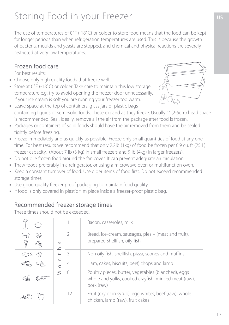 Storing food in your freezer, Frozen food care, Recommended freezer storage times | Fisher & Paykel ActiveSmart User Manual | Page 17 / 64