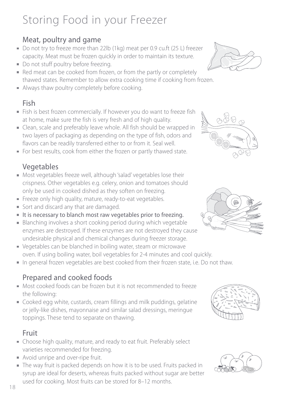 Storing food in your freezer, Meat, poultry and game, Fish | Vegetables, Prepared and cooked foods, Fruit | Fisher & Paykel ActiveSmart User Manual | Page 18 / 64