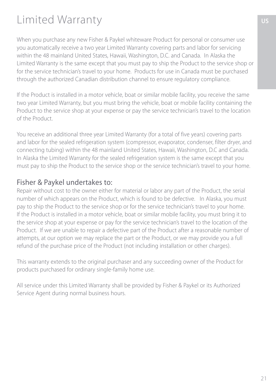 Limited warranty, Fisher & paykel undertakes to | Fisher & Paykel ActiveSmart User Manual | Page 21 / 64