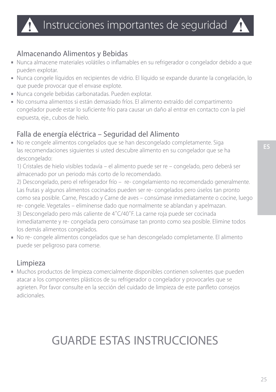 Guarde estas instrucciones, Instrucciones importantes de seguridad, Almacenando alimentos y bebidas | Limpieza | Fisher & Paykel ActiveSmart User Manual | Page 25 / 64