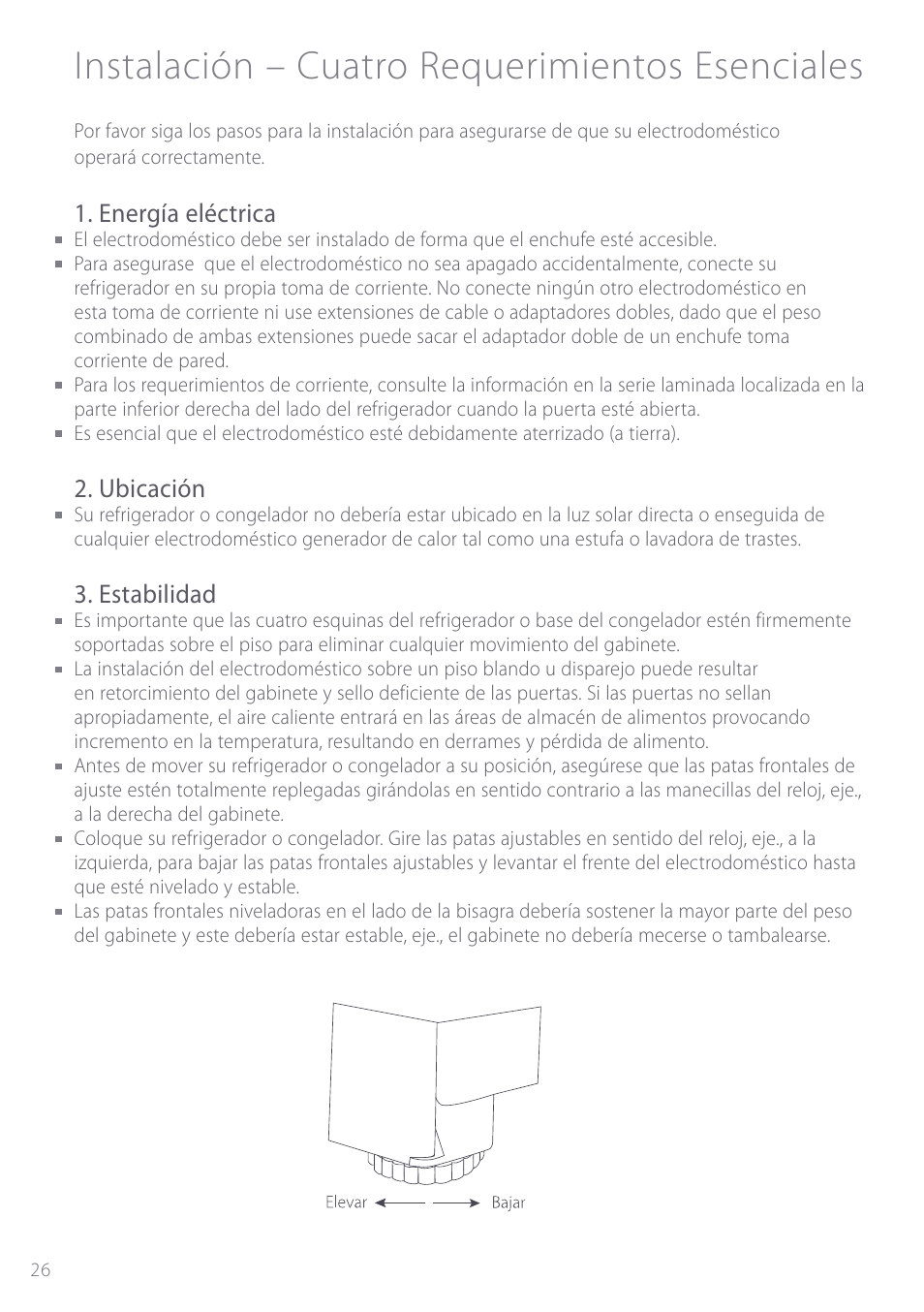 Instalación – cuatro requerimientos esenciales, Energía eléctrica, Ubicación | Estabilidad | Fisher & Paykel ActiveSmart User Manual | Page 26 / 64