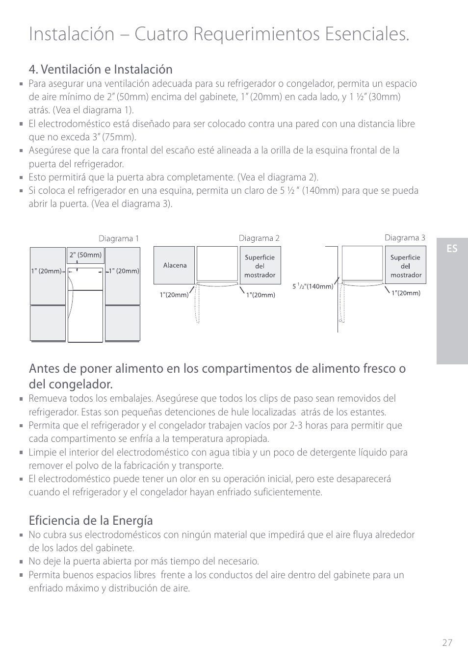 Instalación – cuatro requerimientos esenciales, Ventilación e instalación, Eficiencia de la energía | Fisher & Paykel ActiveSmart User Manual | Page 27 / 64