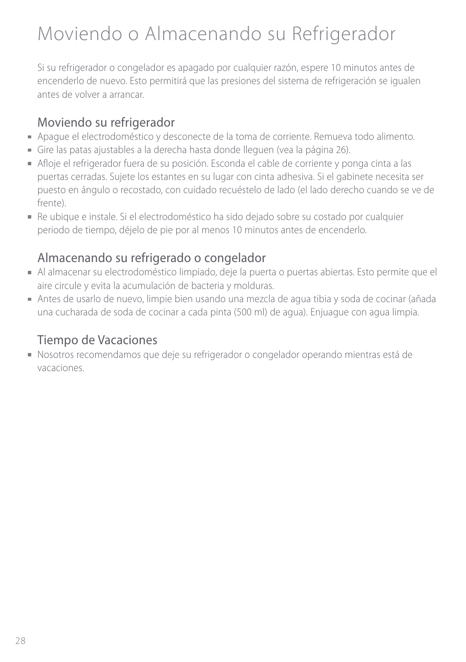 Moviendo o almacenando su refrigerador, Moviendo su refrigerador, Almacenando su refrigerado o congelador | Tiempo de vacaciones | Fisher & Paykel ActiveSmart User Manual | Page 28 / 64