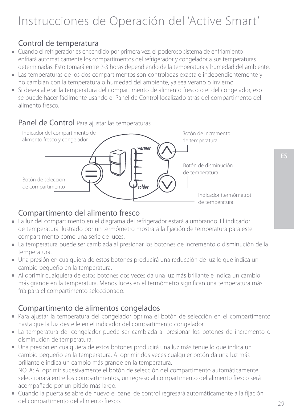 Instrucciones de operación del ‘active smart, Control de temperatura, Panel de control | Compartimento del alimento fresco, Compartimento de alimentos congelados | Fisher & Paykel ActiveSmart User Manual | Page 29 / 64