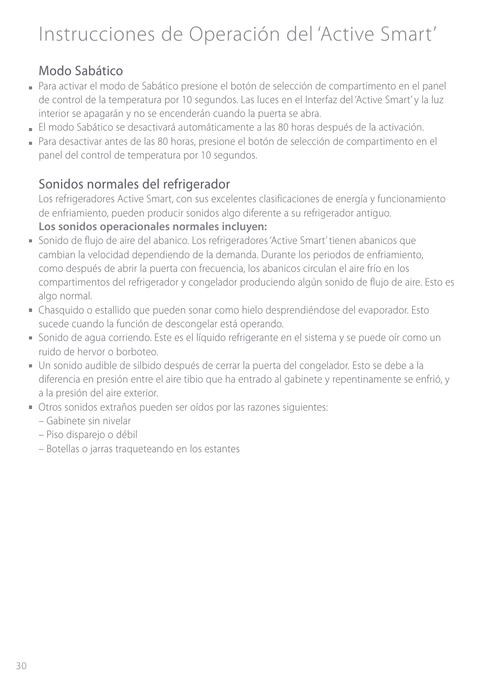 Instrucciones de operación del ‘active smart, Modo sabático, Sonidos normales del refrigerador | Fisher & Paykel ActiveSmart User Manual | Page 30 / 64