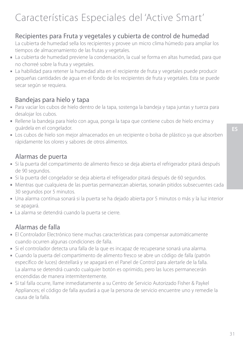 Características especiales del ‘active smart, Bandejas para hielo y tapa, Alarmas de puerta | Alarmas de falla | Fisher & Paykel ActiveSmart User Manual | Page 31 / 64