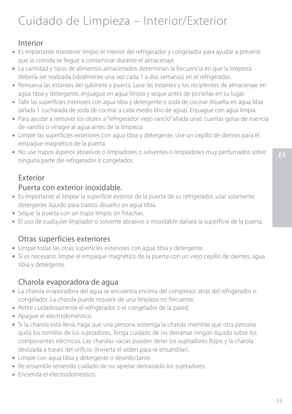 Cuidado de limpieza – interior/exterior, Interior, Exterior puerta con exterior inoxidable | Otras superficies exteriores, Charola evaporadora de agua | Fisher & Paykel ActiveSmart User Manual | Page 33 / 64