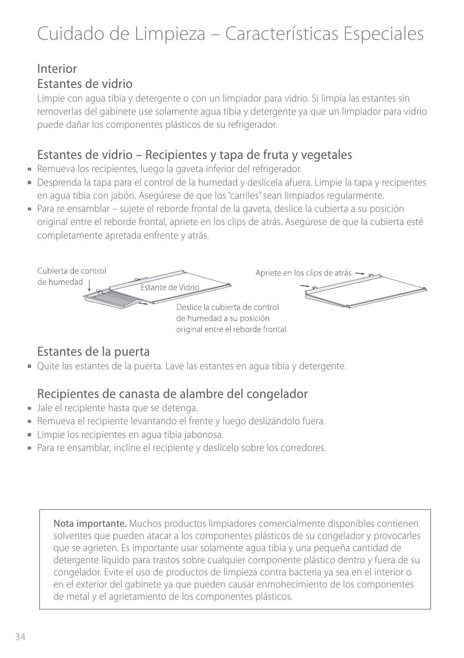 Cuidado de limpieza – características especiales, Interior estantes de vidrio, Estantes de la puerta | Recipientes de canasta de alambre del congelador | Fisher & Paykel ActiveSmart User Manual | Page 34 / 64