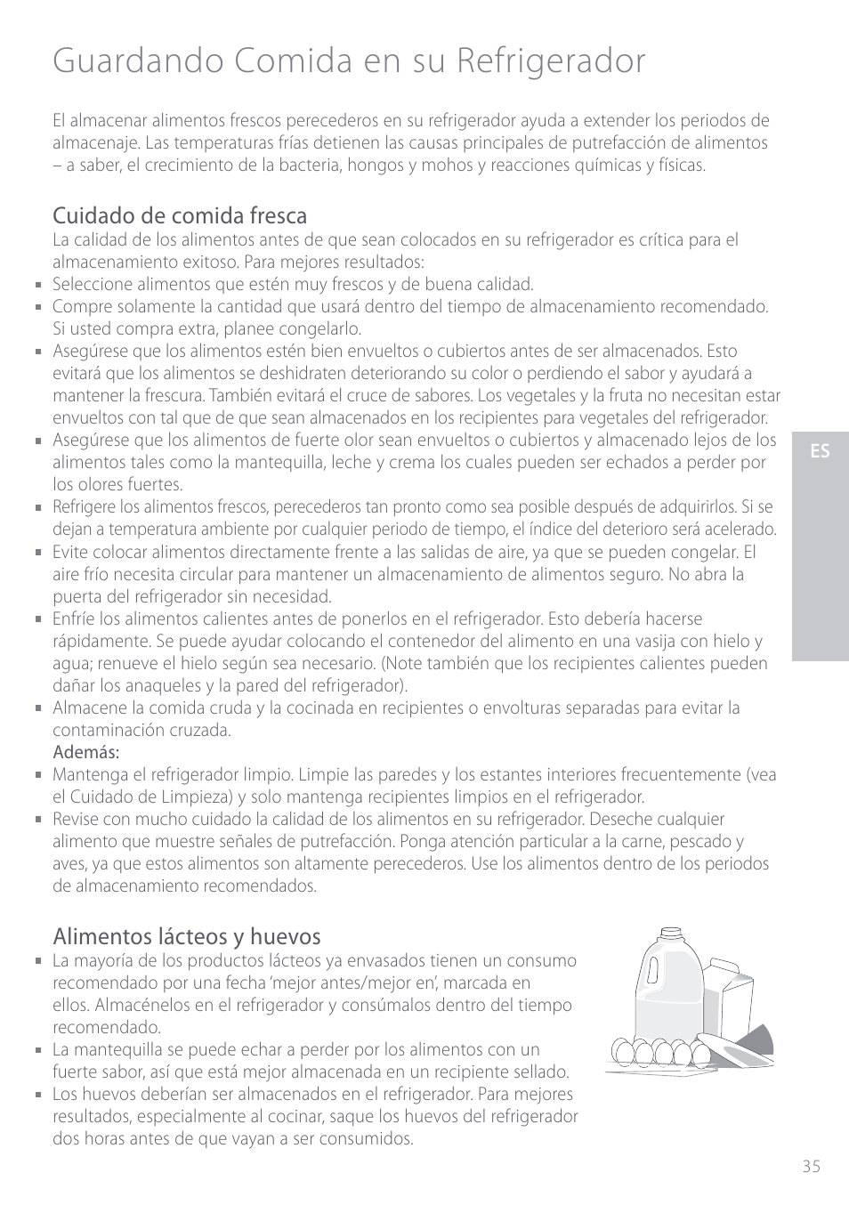 Guardando comida en su refrigerador, Cuidado de comida fresca, Alimentos lácteos y huevos | Fisher & Paykel ActiveSmart User Manual | Page 35 / 64