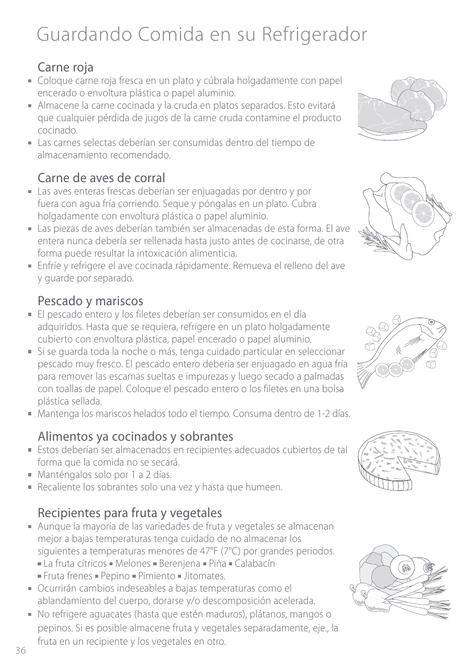 Guardando comida en su refrigerador, Carne roja, Carne de aves de corral | Pescado y mariscos, Alimentos ya cocinados y sobrantes, Recipientes para fruta y vegetales | Fisher & Paykel ActiveSmart User Manual | Page 36 / 64