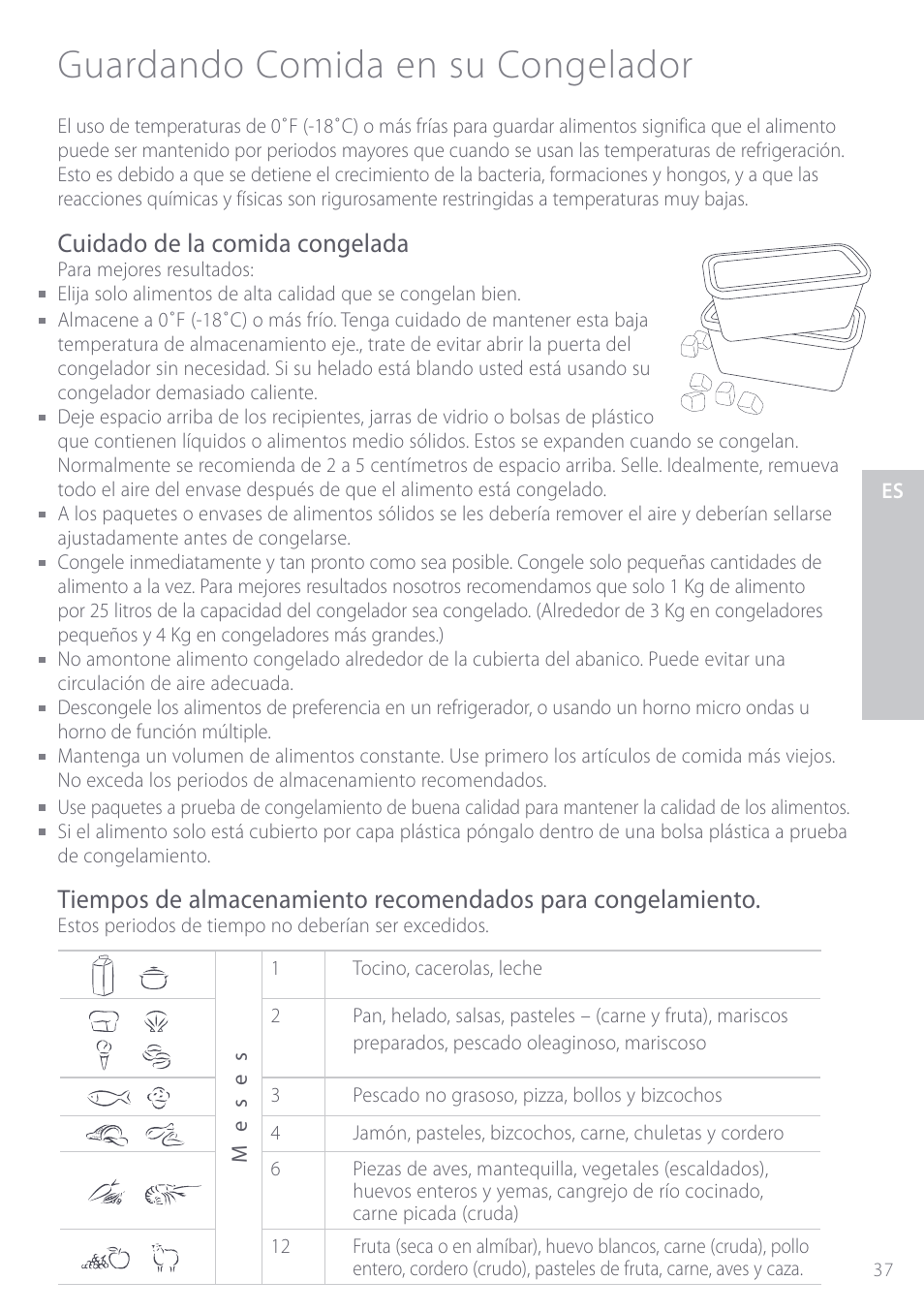 Guardando comida en su congelador, Cuidado de la comida congelada | Fisher & Paykel ActiveSmart User Manual | Page 37 / 64