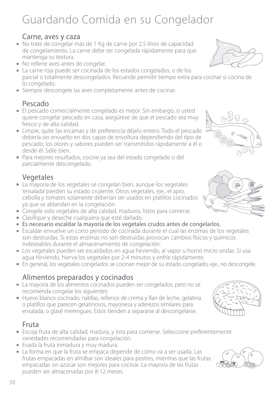 Guardando comida en su congelador, Carne, aves y caza, Pescado | Vegetales, Alimentos preparados y cocinados, Fruta | Fisher & Paykel ActiveSmart User Manual | Page 38 / 64