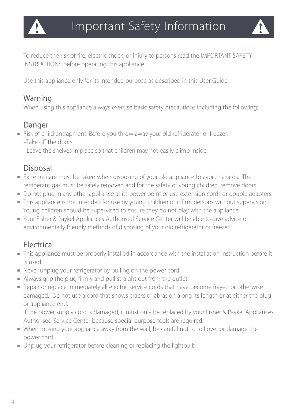 Important safety information, Warning, Danger | Disposal, Electrical | Fisher & Paykel ActiveSmart User Manual | Page 4 / 64