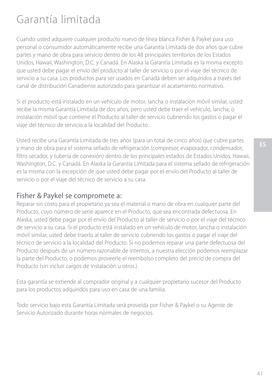 Garantía limitada, Fisher & paykel se compromete a | Fisher & Paykel ActiveSmart User Manual | Page 41 / 64