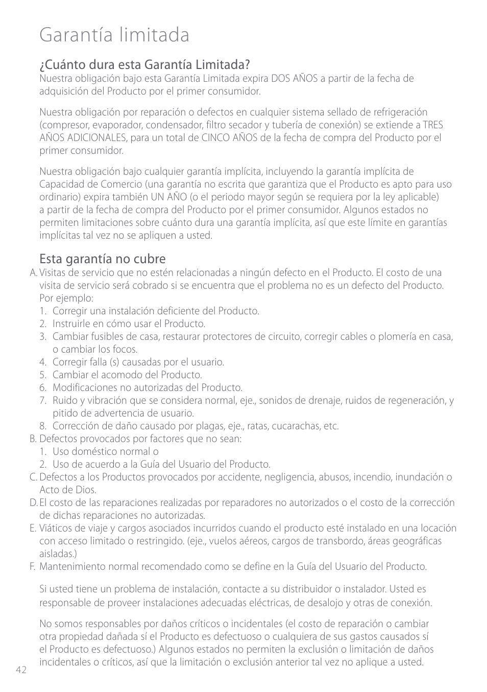 Garantía limitada, Cuánto dura esta garantía limitada, Esta garantía no cubre | Fisher & Paykel ActiveSmart User Manual | Page 42 / 64