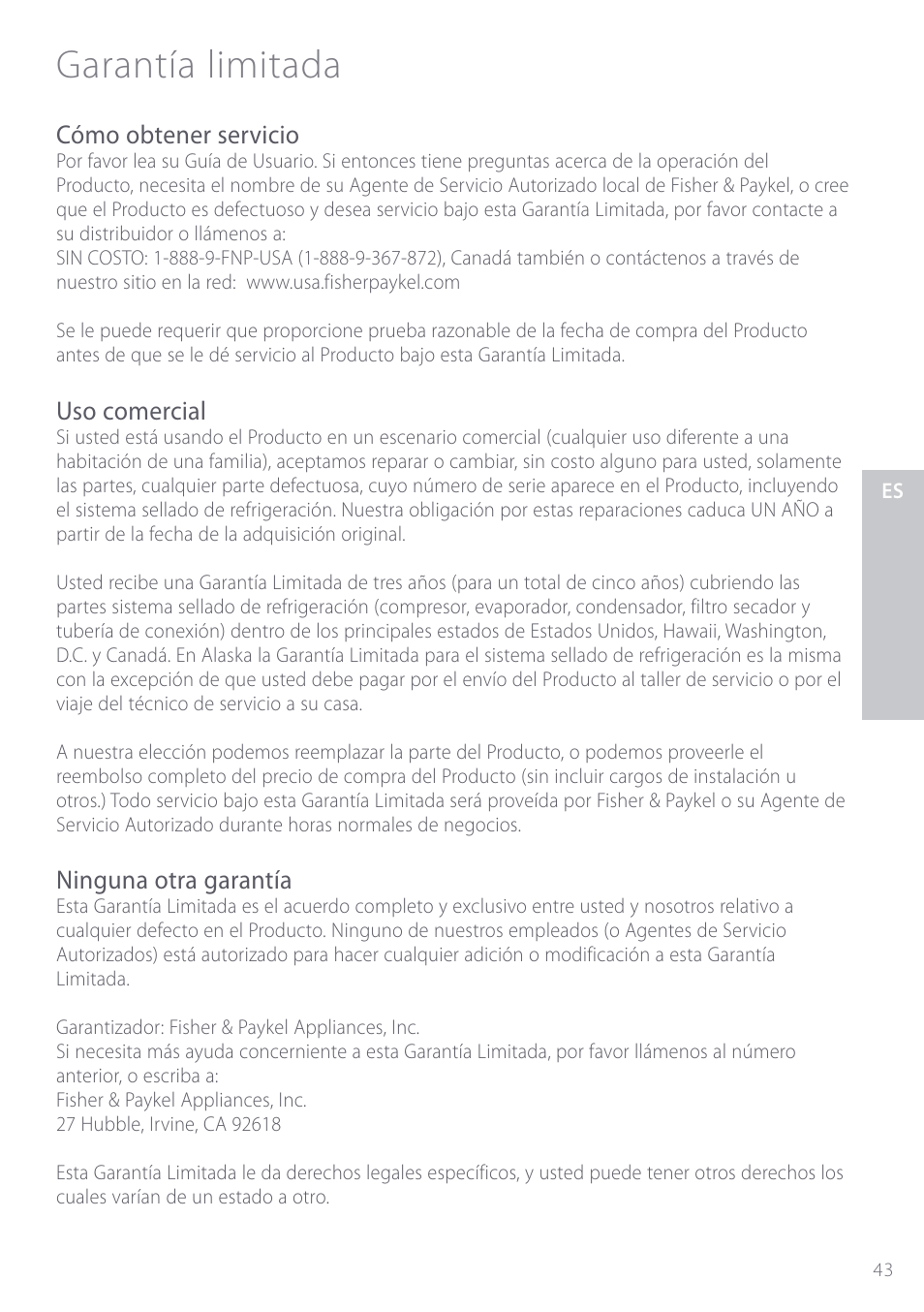 Garantía limitada | Fisher & Paykel ActiveSmart User Manual | Page 43 / 64