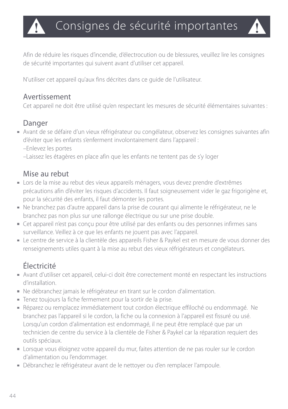 Consignes de sécurité importantes, Avertissement, Danger | Mise au rebut, Électricité | Fisher & Paykel ActiveSmart User Manual | Page 44 / 64