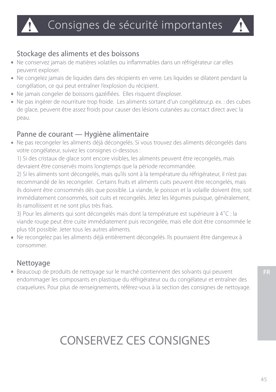 Conservez ces consignes, Consignes de sécurité importantes, Stockage des aliments et des boissons | Panne de courant — hygiène alimentaire, Nettoyage | Fisher & Paykel ActiveSmart User Manual | Page 45 / 64