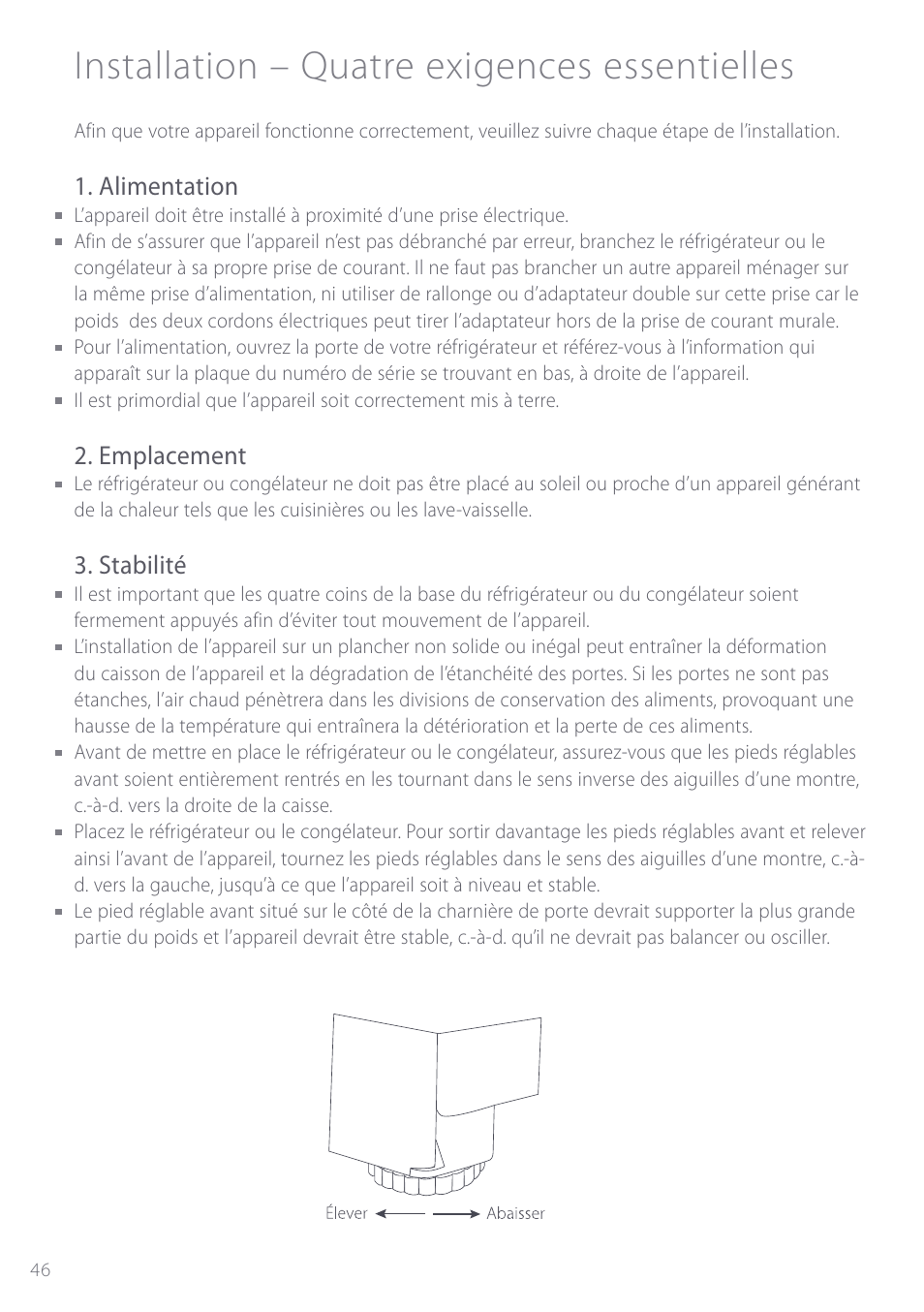 Installation – quatre exigences essentielles, Alimentation, Emplacement | Stabilité | Fisher & Paykel ActiveSmart User Manual | Page 46 / 64