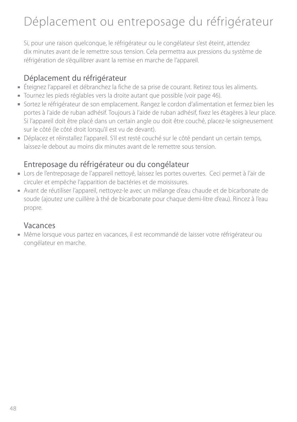 Déplacement ou entreposage du réfrigérateur, Déplacement du réfrigérateur, Entreposage du réfrigérateur ou du congélateur | Vacances | Fisher & Paykel ActiveSmart User Manual | Page 48 / 64