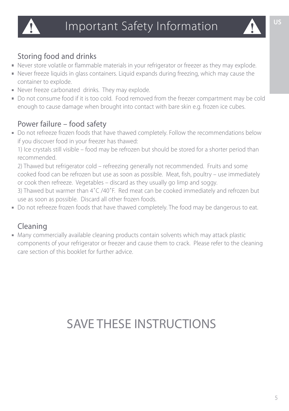 Save these instructions, Important safety information, Storing food and drinks | Power failure – food safety, Cleaning | Fisher & Paykel ActiveSmart User Manual | Page 5 / 64