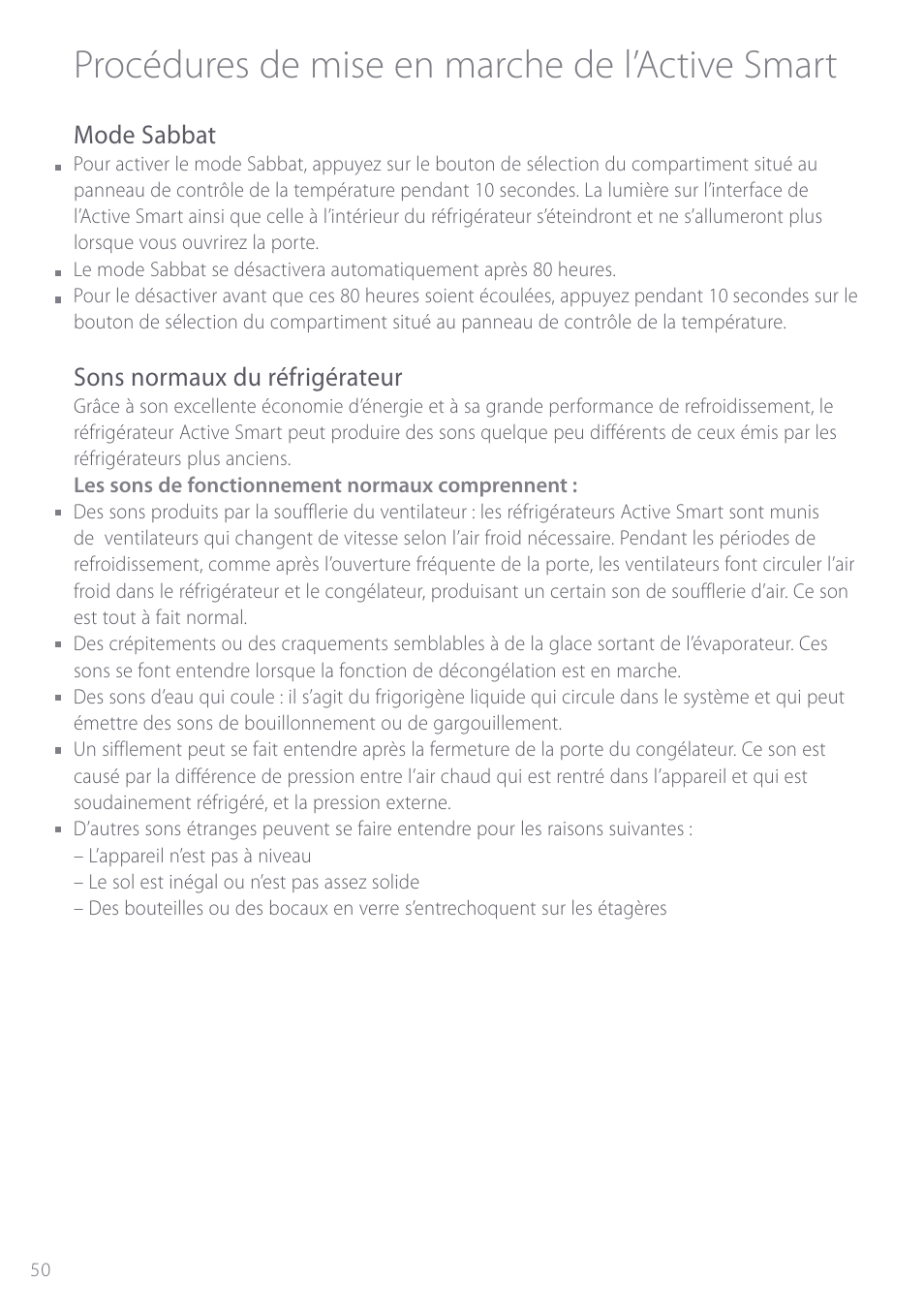 Procédures de mise en marche de l’active smart, Mode sabbat, Sons normaux du réfrigérateur | Fisher & Paykel ActiveSmart User Manual | Page 50 / 64