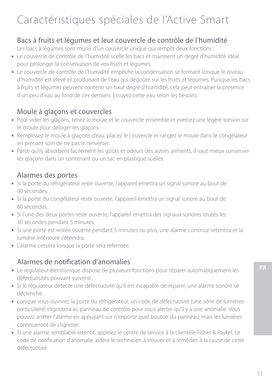 Caractéristiques spéciales de l’active smart, Moule à glaçons et couvercles, Alarmes des portes | Alarmes de notification d’anomalies | Fisher & Paykel ActiveSmart User Manual | Page 51 / 64