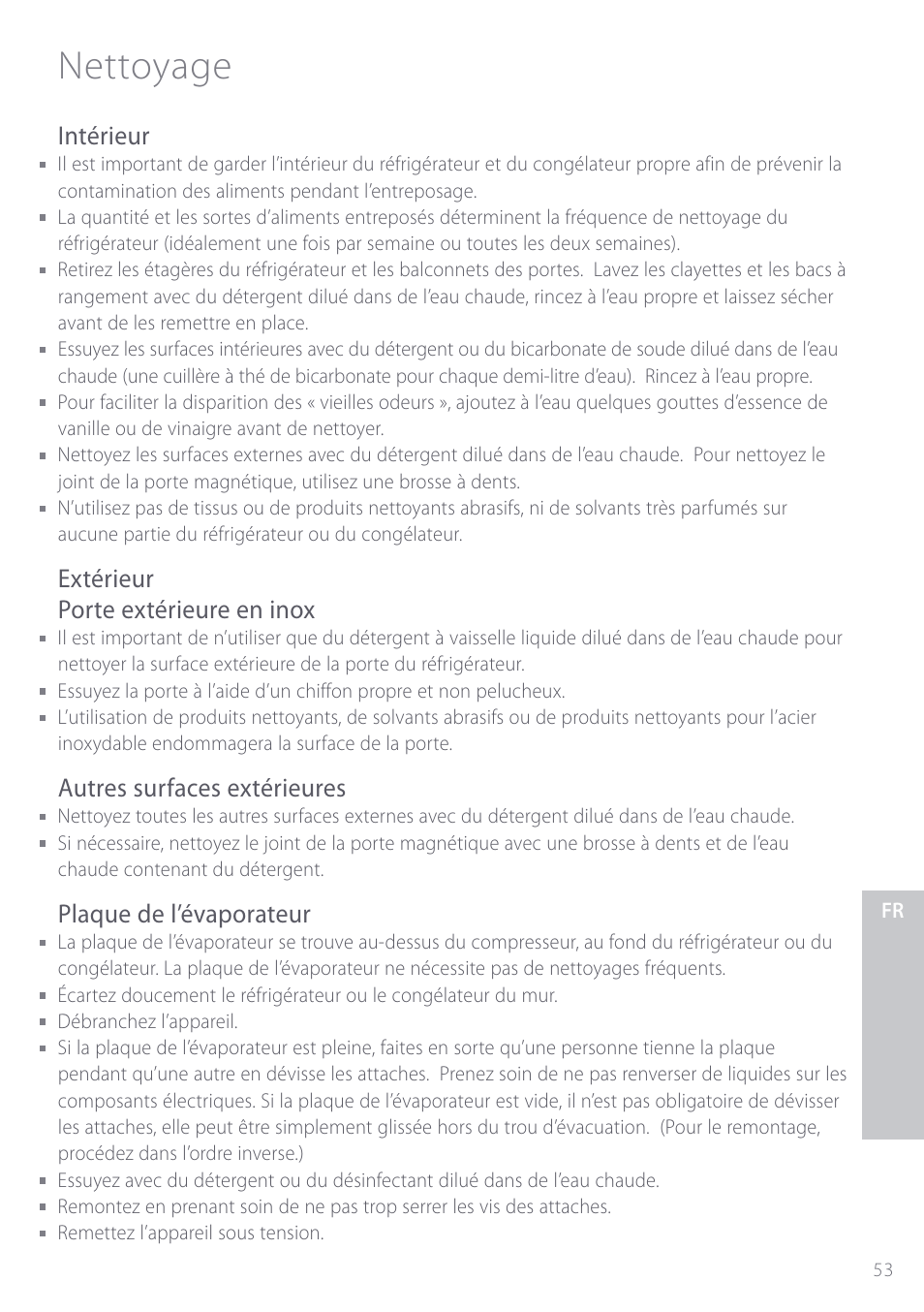 Nettoyage, Intérieur, Extérieur porte extérieure en inox | Autres surfaces extérieures, Plaque de l’évaporateur | Fisher & Paykel ActiveSmart User Manual | Page 53 / 64