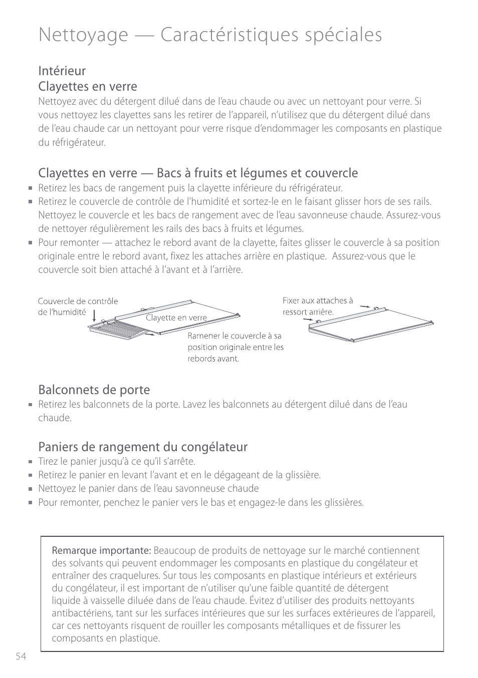 Nettoyage — caractéristiques spéciales, Intérieur clayettes en verre, Balconnets de porte | Paniers de rangement du congélateur | Fisher & Paykel ActiveSmart User Manual | Page 54 / 64