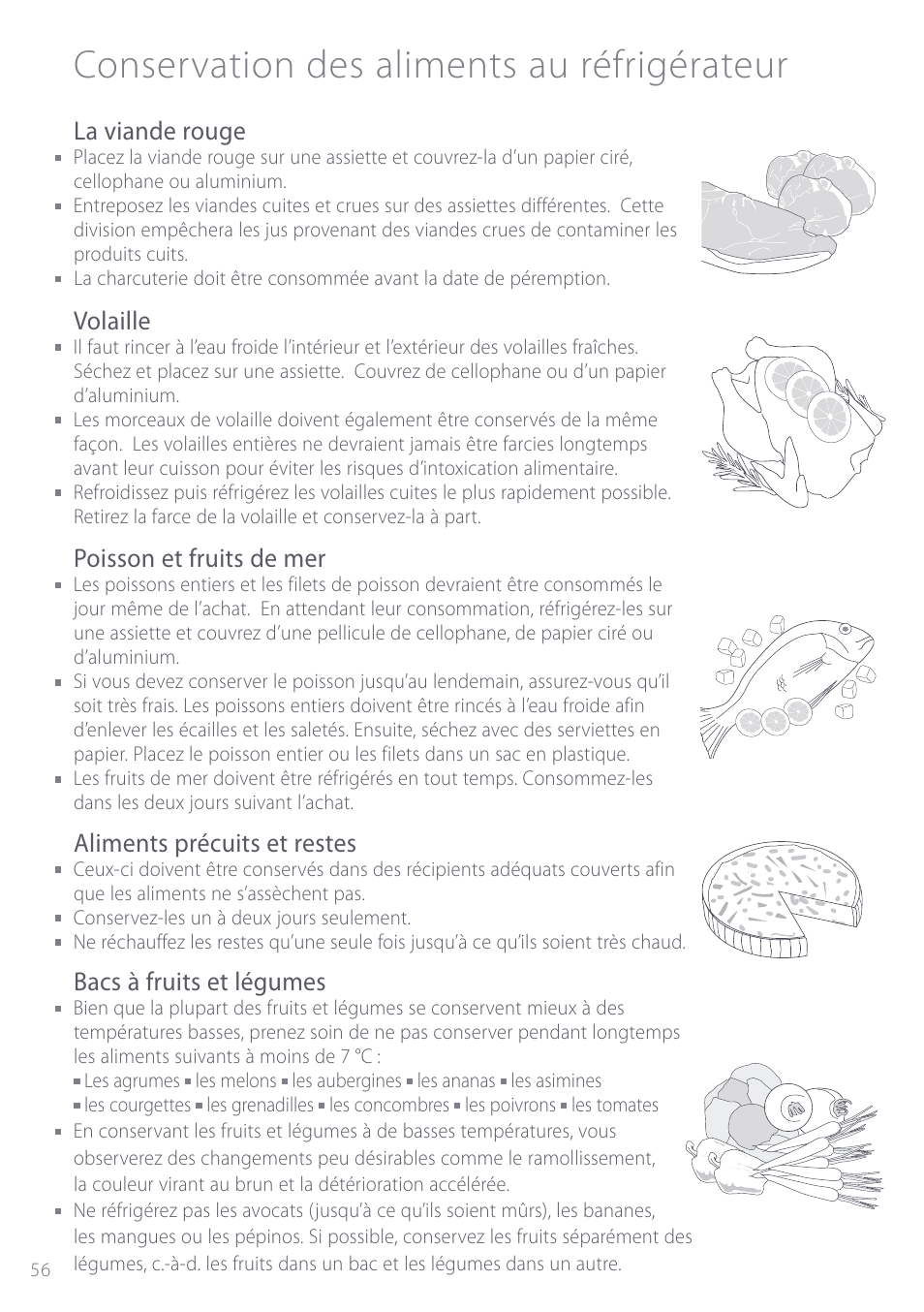 Conservation des aliments au réfrigérateur, La viande rouge, Volaille | Poisson et fruits de mer, Aliments précuits et restes, Bacs à fruits et légumes | Fisher & Paykel ActiveSmart User Manual | Page 56 / 64