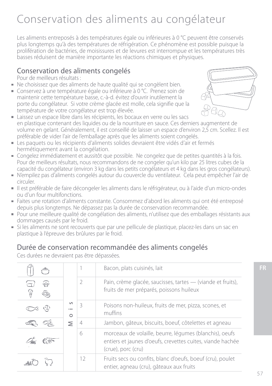 Conservation des aliments au congélateur, Conservation des aliments congelés | Fisher & Paykel ActiveSmart User Manual | Page 57 / 64