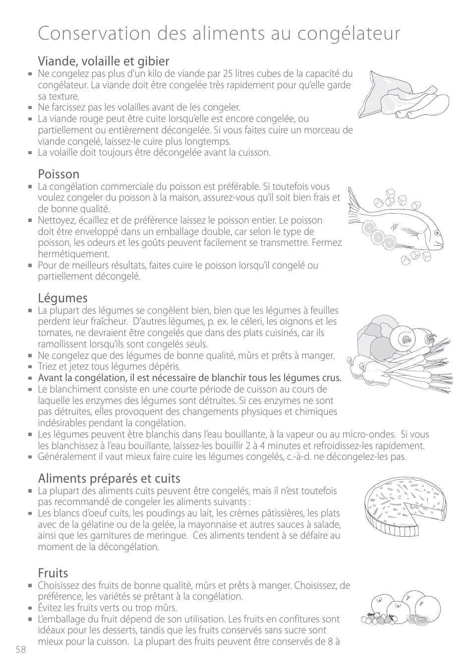 Conservation des aliments au congélateur, Viande, volaille et gibier, Poisson | Légumes, Aliments préparés et cuits, Fruits | Fisher & Paykel ActiveSmart User Manual | Page 58 / 64