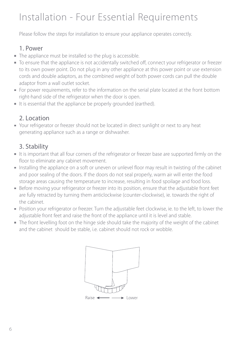 Installation - four essential requirements, Installation – four essential requirements, Power | Location, Stability | Fisher & Paykel ActiveSmart User Manual | Page 6 / 64