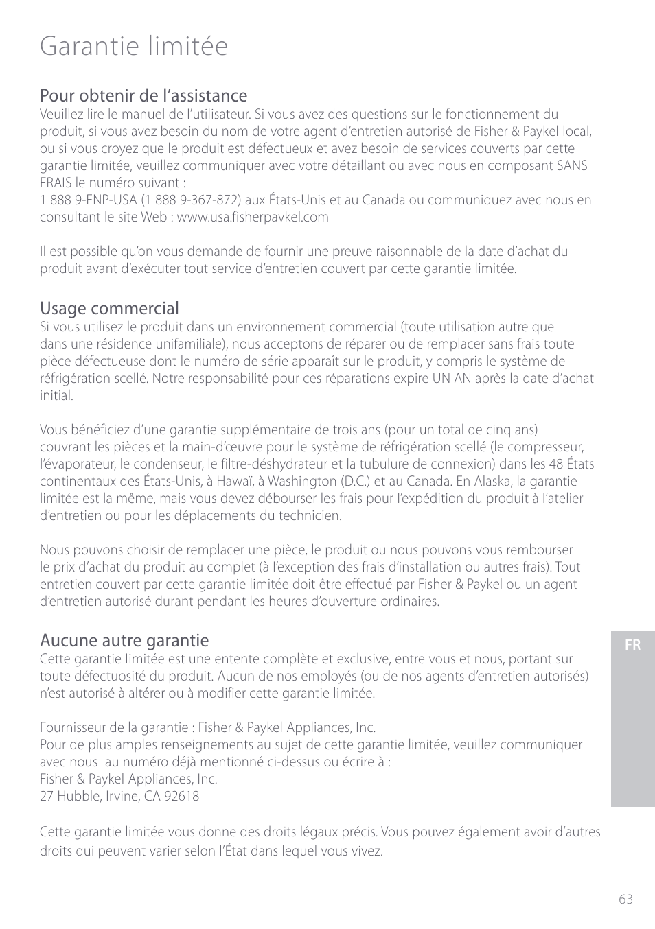 Garantie limitée | Fisher & Paykel ActiveSmart User Manual | Page 63 / 64