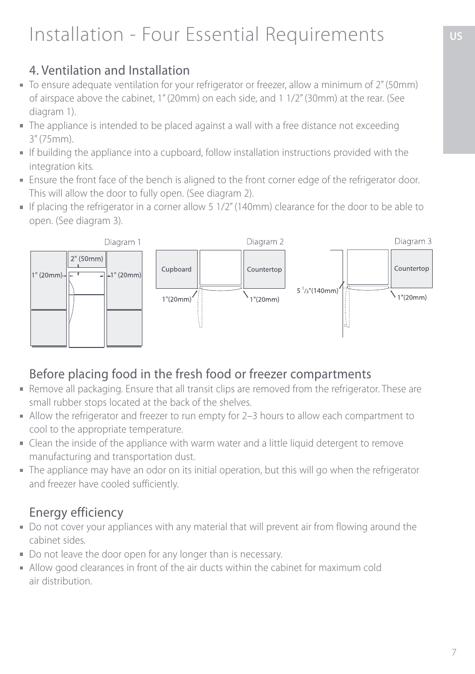 Installation - four essential requirements, Ventilation and installation, Energy efficiency | Fisher & Paykel ActiveSmart User Manual | Page 7 / 64