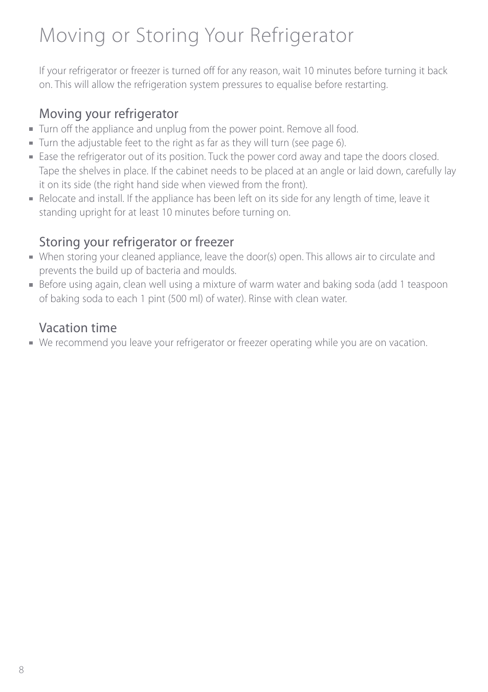 Moving or storing your refrigerator, Moving your refrigerator, Storing your refrigerator or freezer | Vacation time | Fisher & Paykel ActiveSmart User Manual | Page 8 / 64