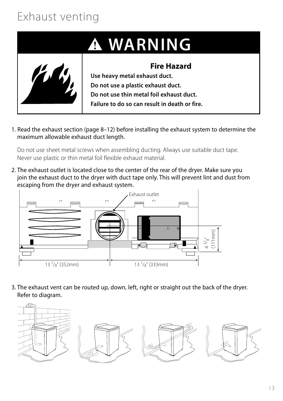 Warning, Exhaust venting, Fire hazard | Fisher & Paykel Smartload DEGX1US User Manual | Page 13 / 24