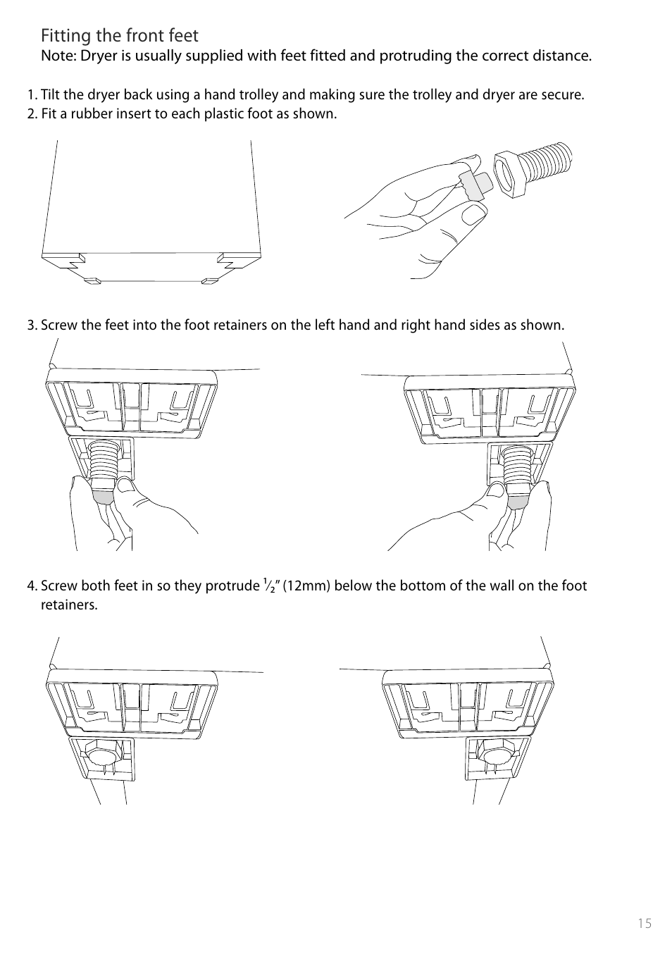 Fitting the front feet | Fisher & Paykel Smartload DEGX1US User Manual | Page 15 / 24