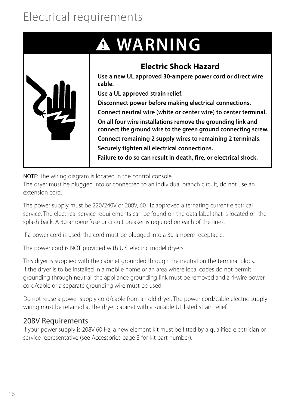 Warning, Electrical requirements | Fisher & Paykel Smartload DEGX1US User Manual | Page 16 / 24