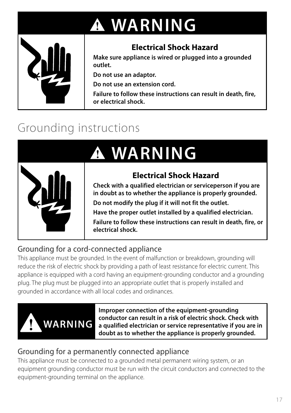 Warning, Grounding instructions | Fisher & Paykel Smartload DEGX1US User Manual | Page 17 / 24