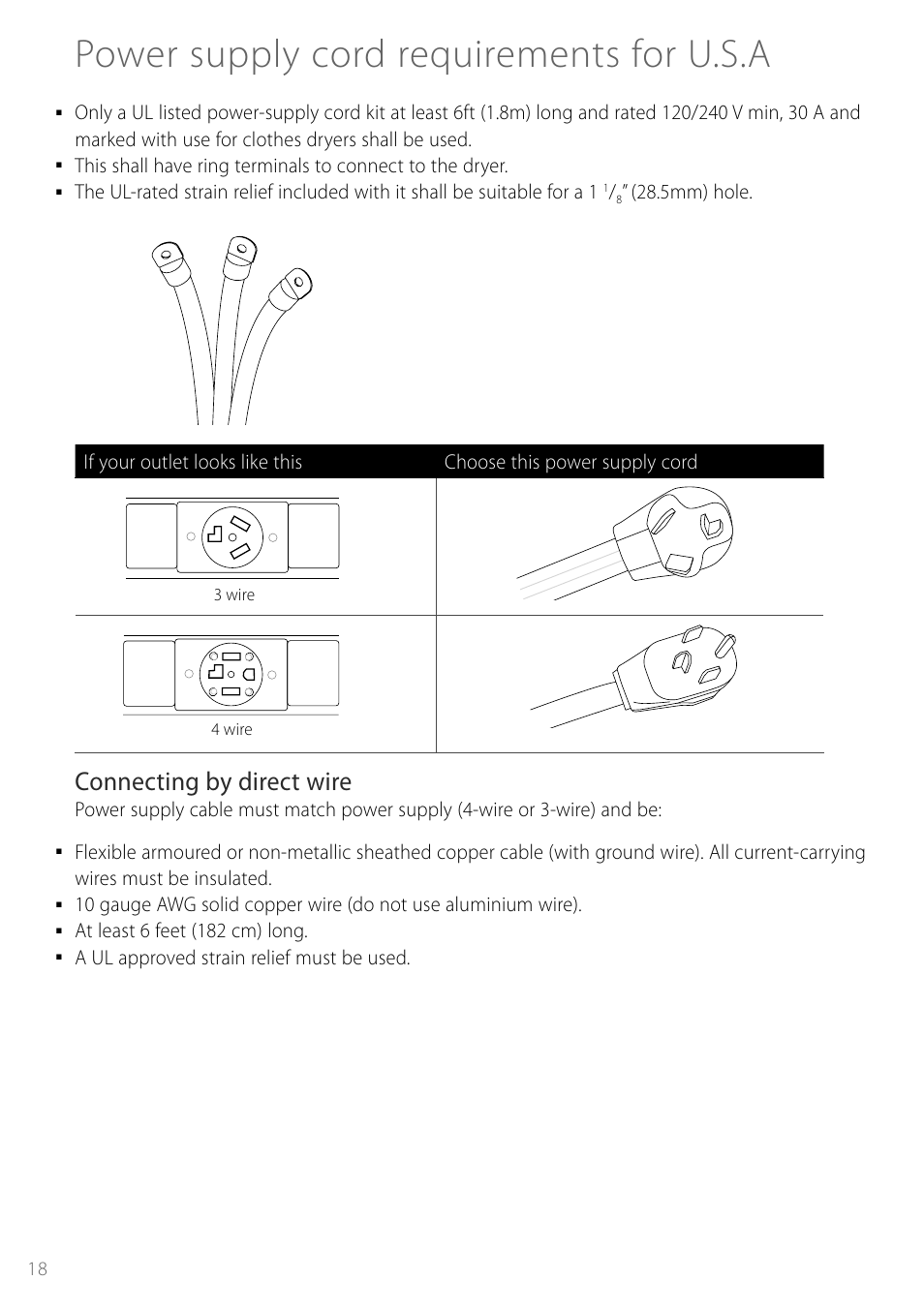 Power supply cord requirements for u.s.a, Connecting by direct wire | Fisher & Paykel Smartload DEGX1US User Manual | Page 18 / 24
