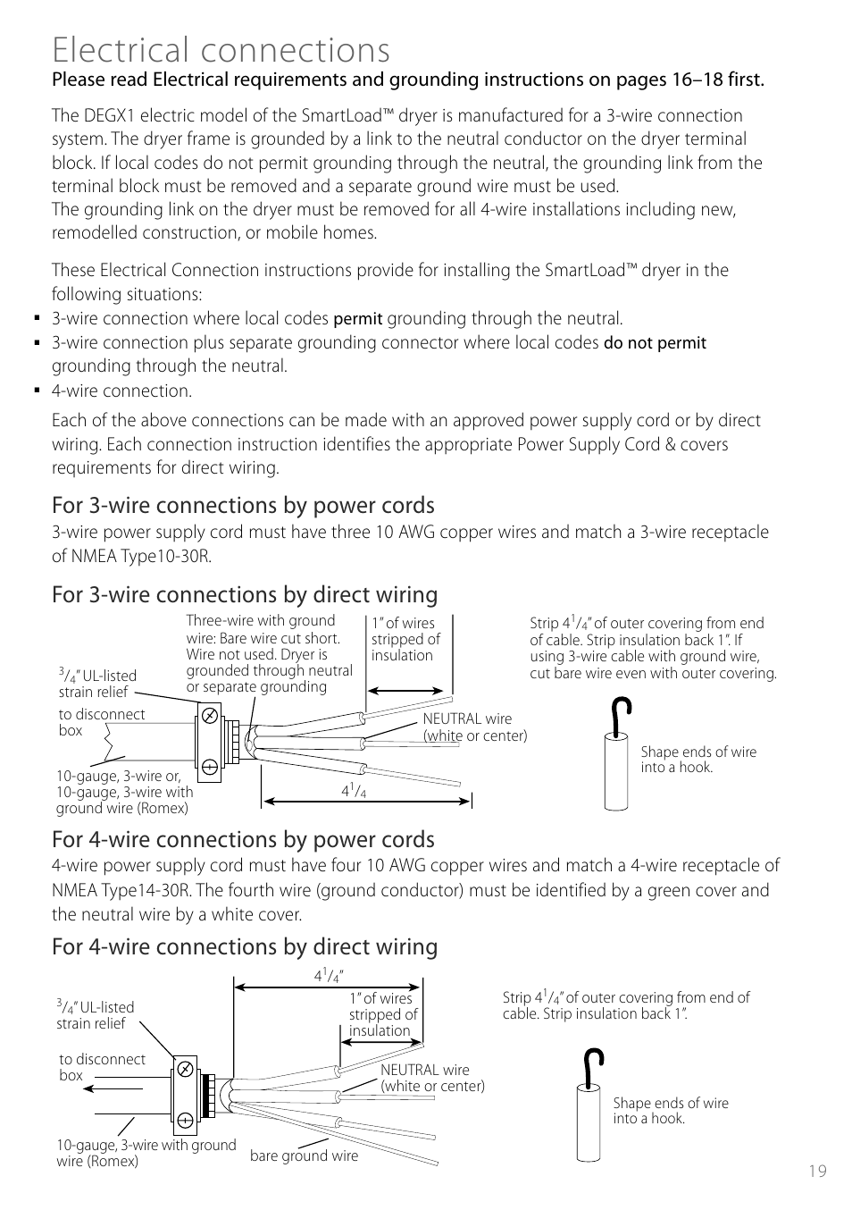 Electrical connections, For 3-wire connections by power cords, For 3-wire connections by direct wiring | For 4-wire connections by power cords, For 4-wire connections by direct wiring | Fisher & Paykel Smartload DEGX1US User Manual | Page 19 / 24